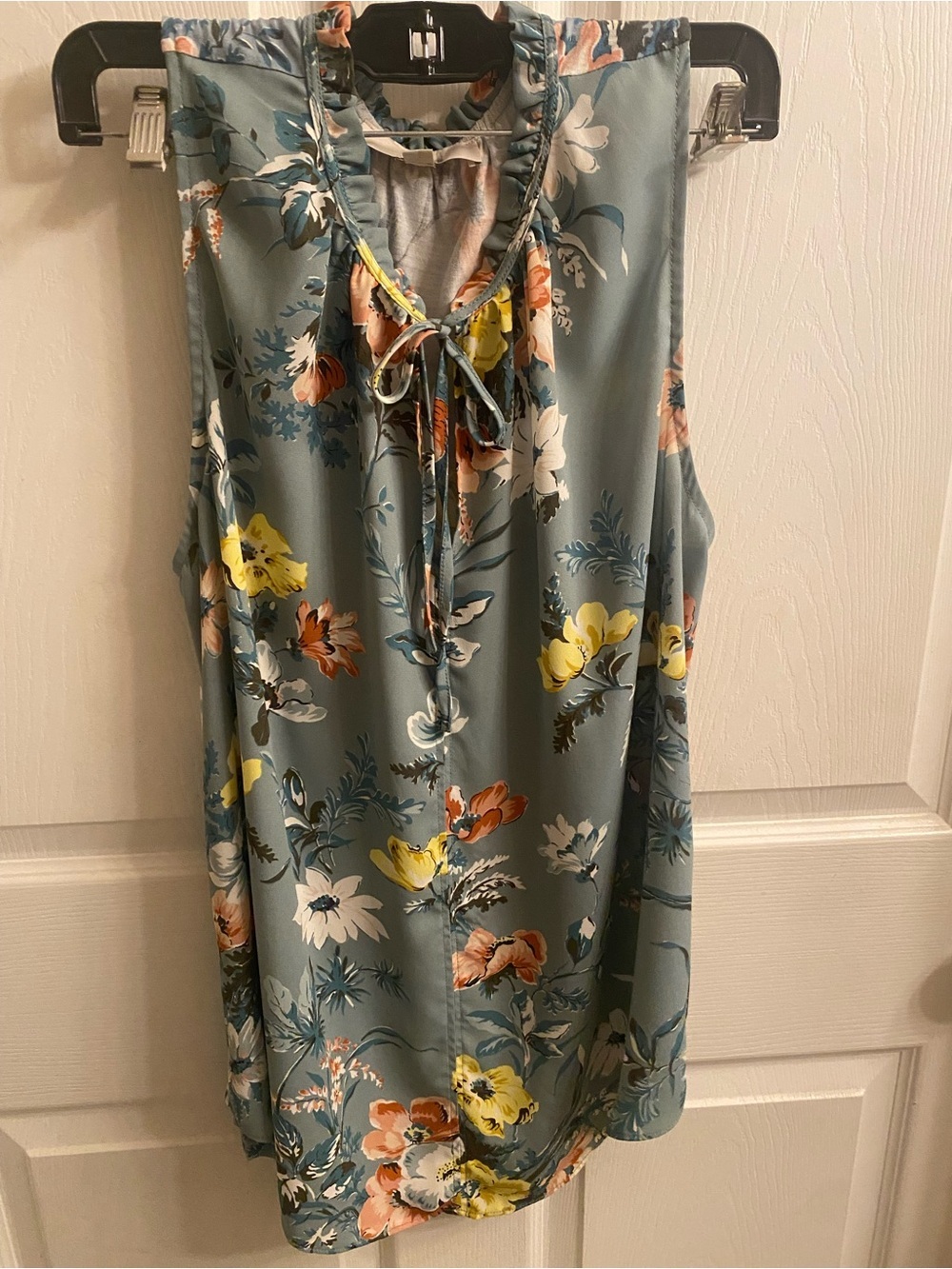 LOFT Floral Tie-Neck Blouse in Teal peach and Yellow Size Large
